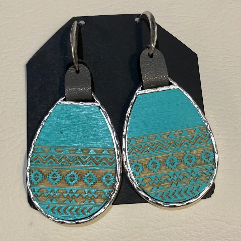 Teal and Silver Patterned Teardrop Earrings - Picture 1 of 3